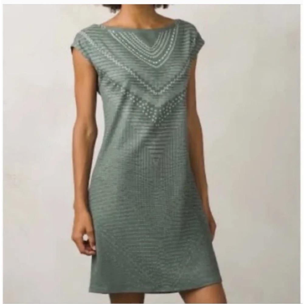 Prana Sanna Boatneck Shift Dress Green Cap Sleeve Stretch Polyester Size Medium